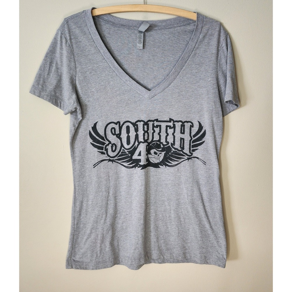 South 40 Graphic T Shirt Womens L Gray Excellent Skull Wings V Neck Biker Tee